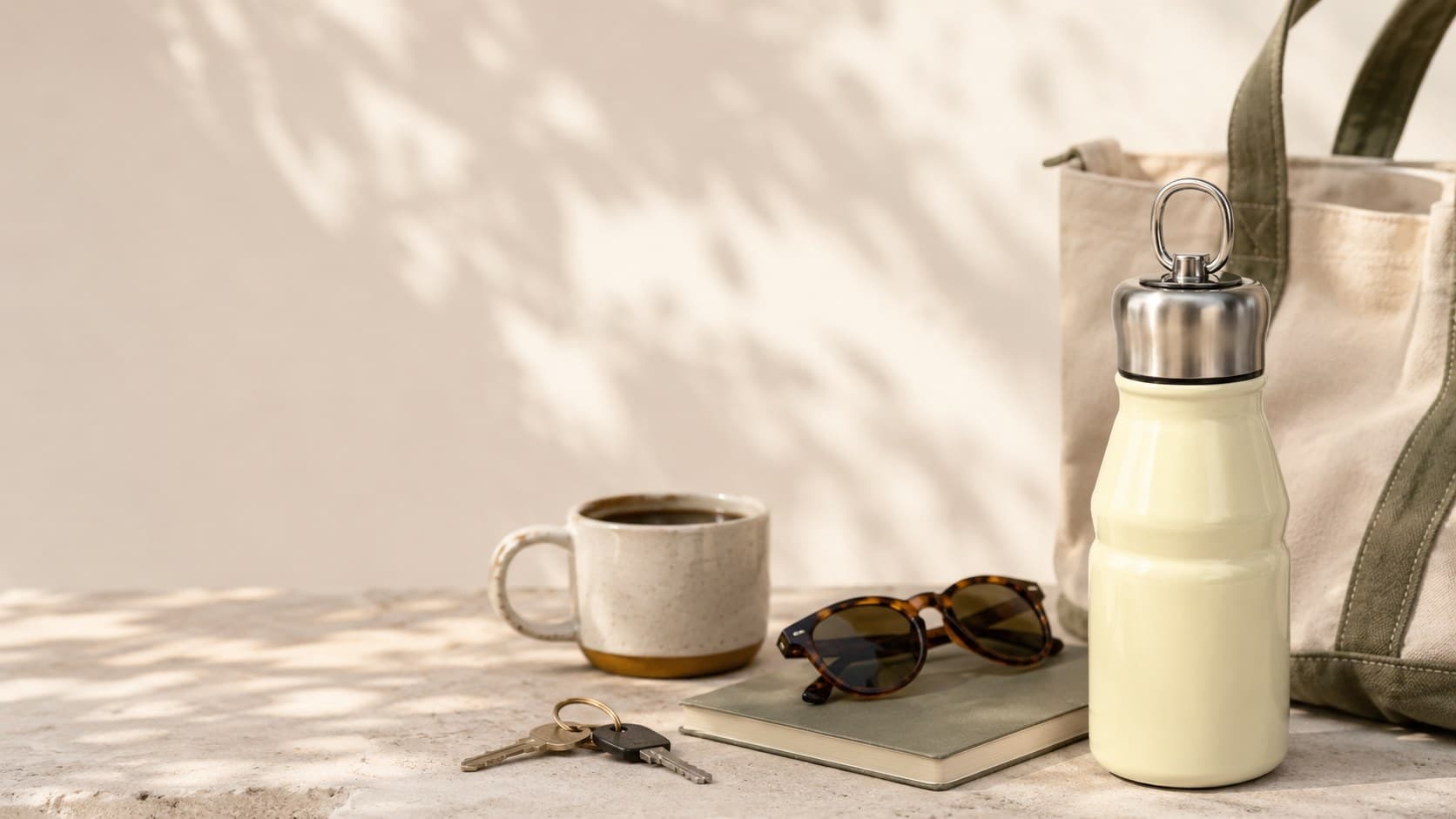 Oat Cream KENSYDE Quiet Carry tumbler beside a tote bag and daily essentials