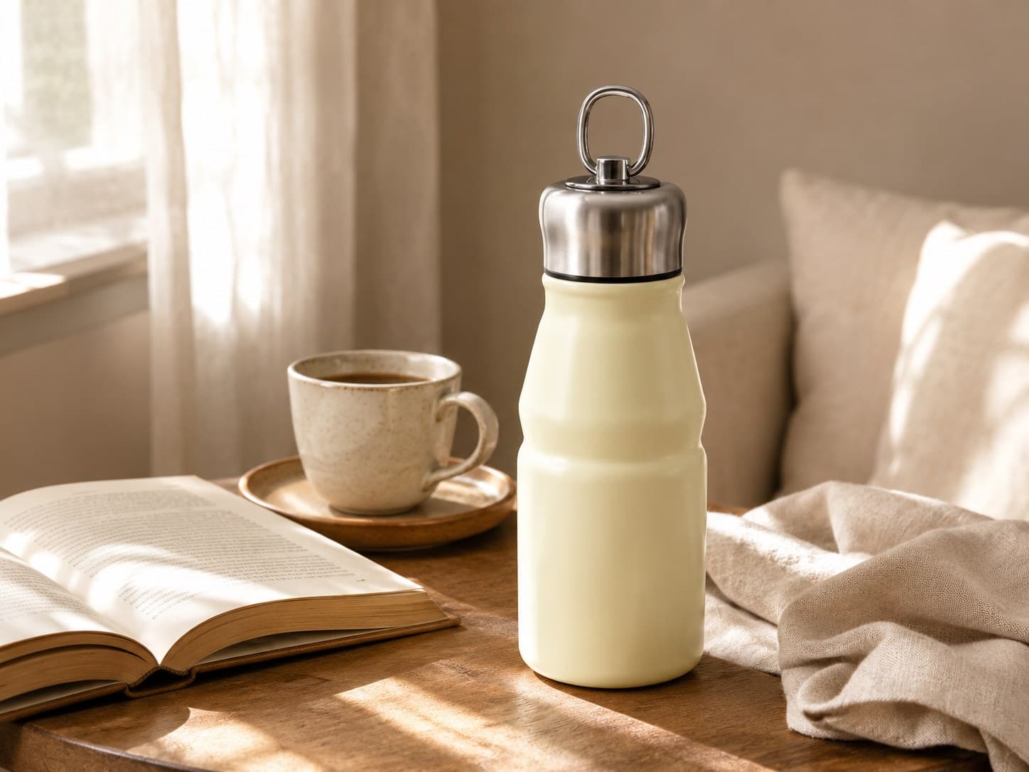 Oat Cream KENSYDE tumbler beside an open book in soft morning light