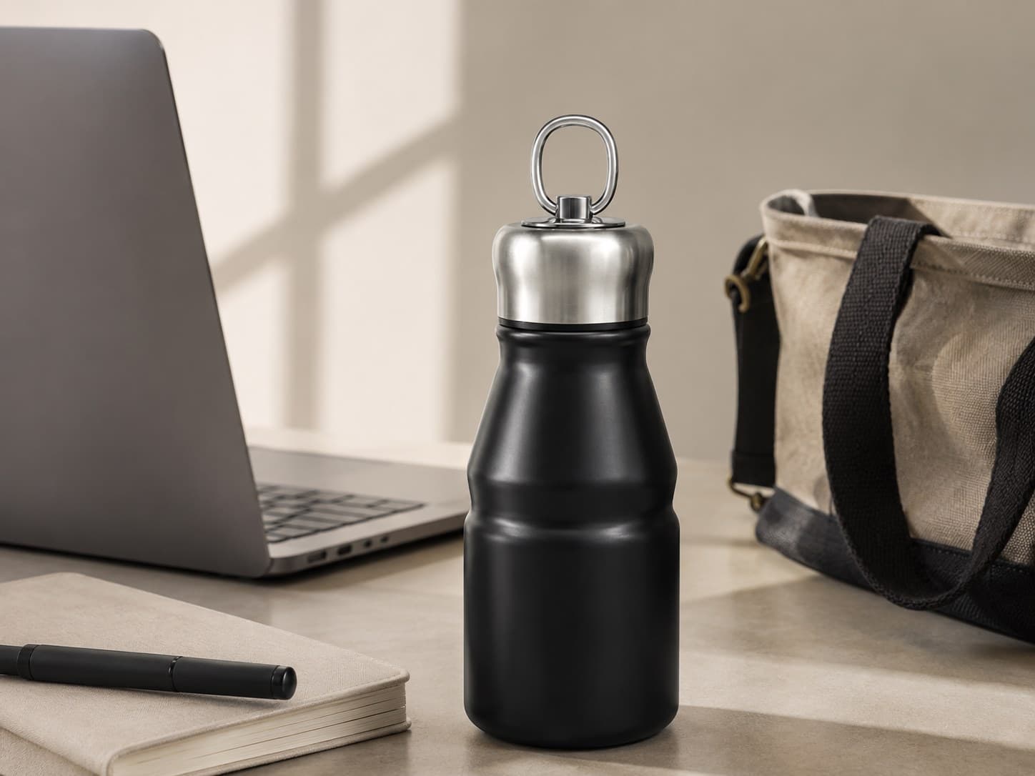 Matte Black KENSYDE tumbler beside a laptop and work bag